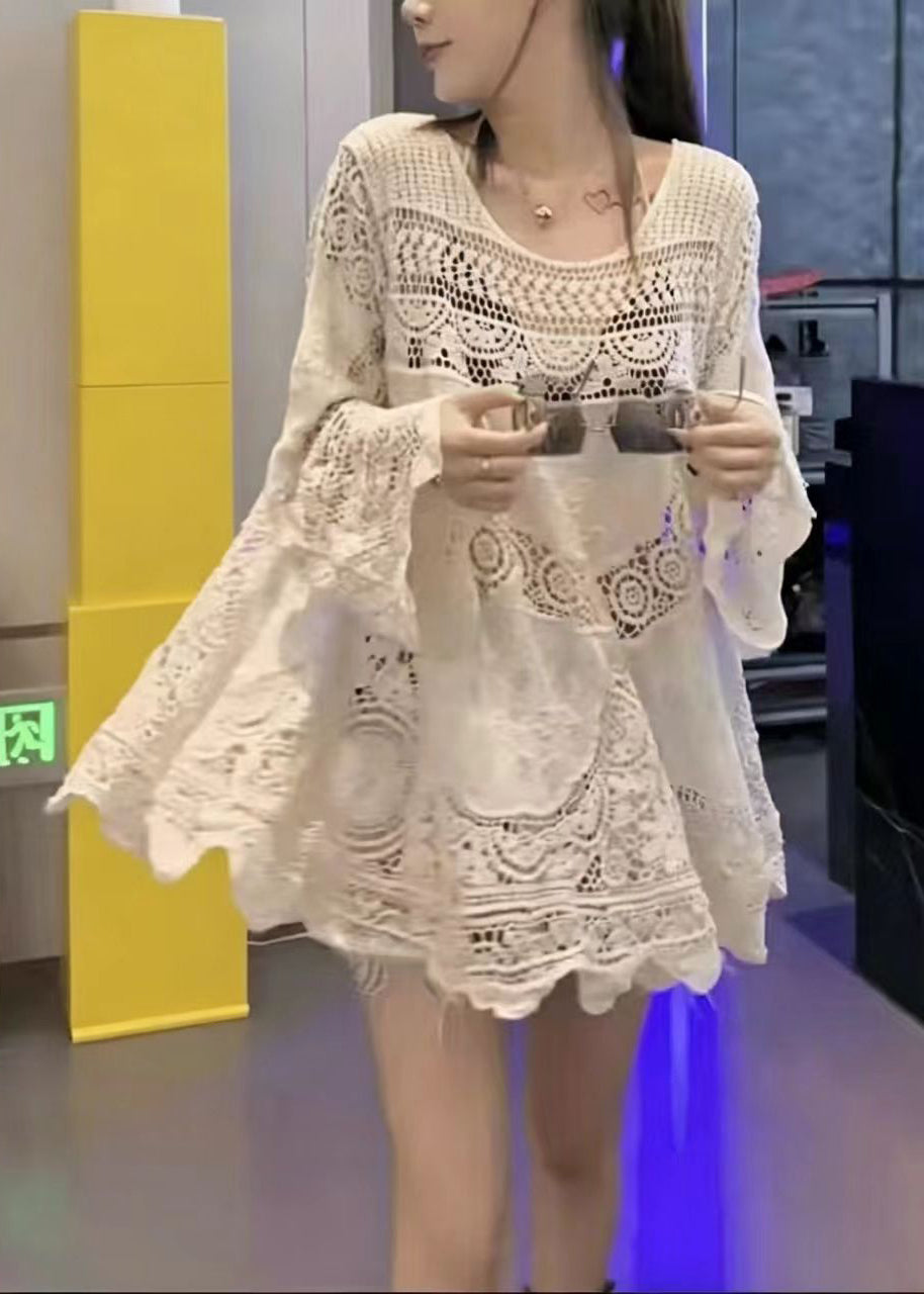 Robe Femme Courte Ajourée à Manches Longues 1