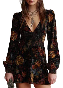 Robe Femme Courte Col en V Manches Longues Moderne 0