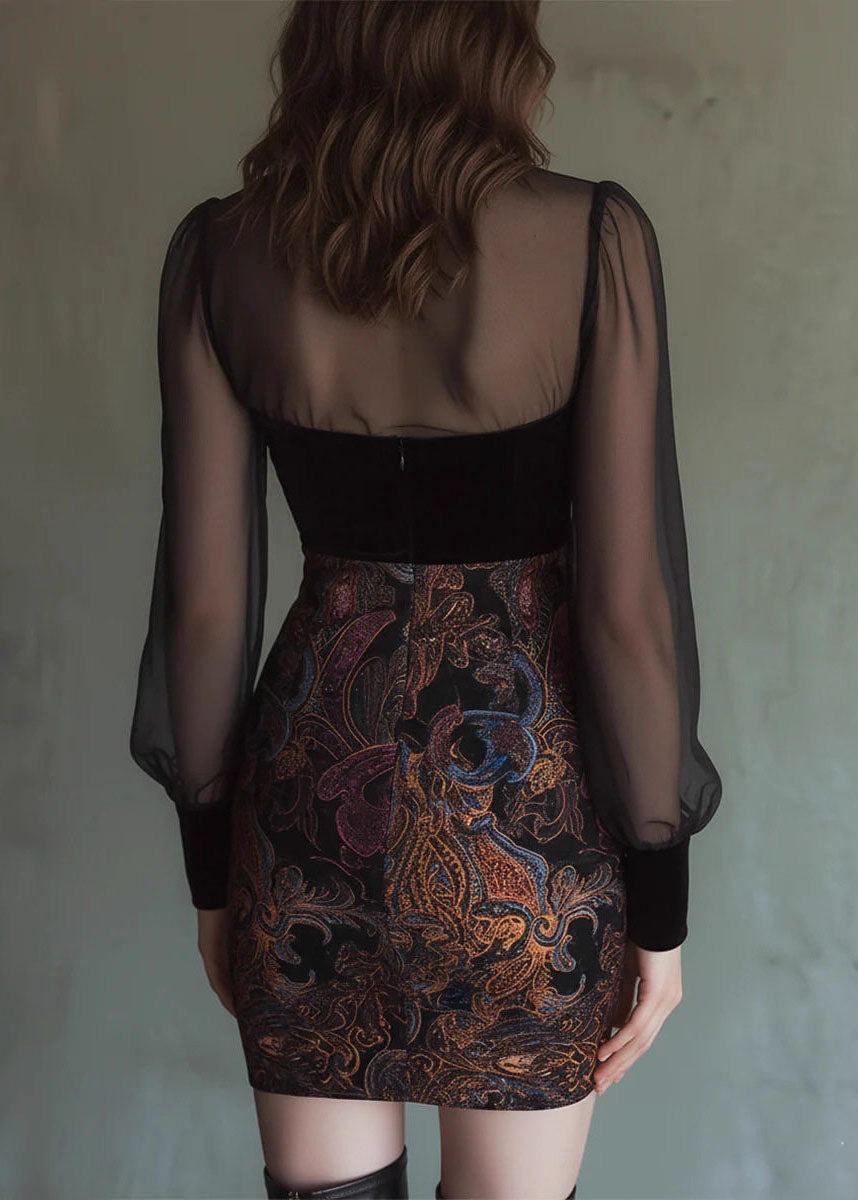 Robe Femme Courte Col en V Manches Longues Patchwork 3