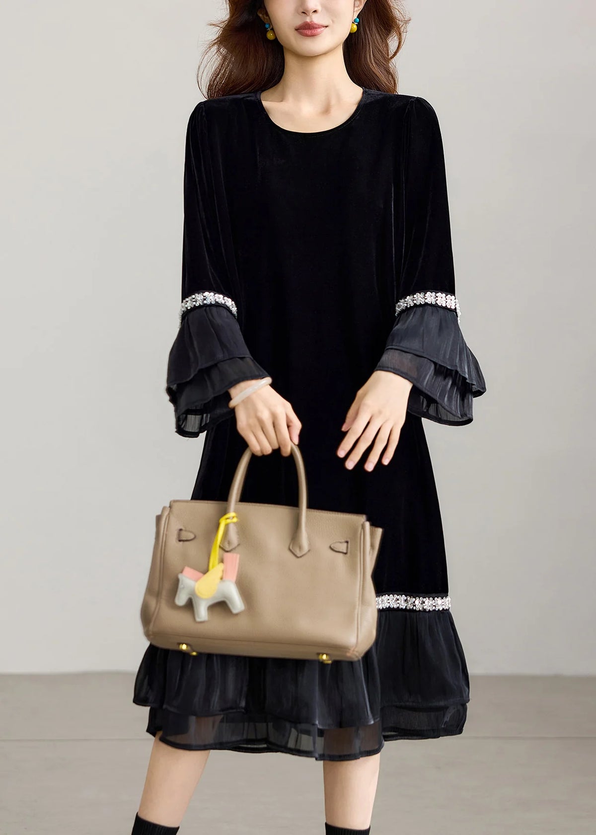 Robe Femme Décontractée à Col Rond avec Sequins et Volants Style Automne 1