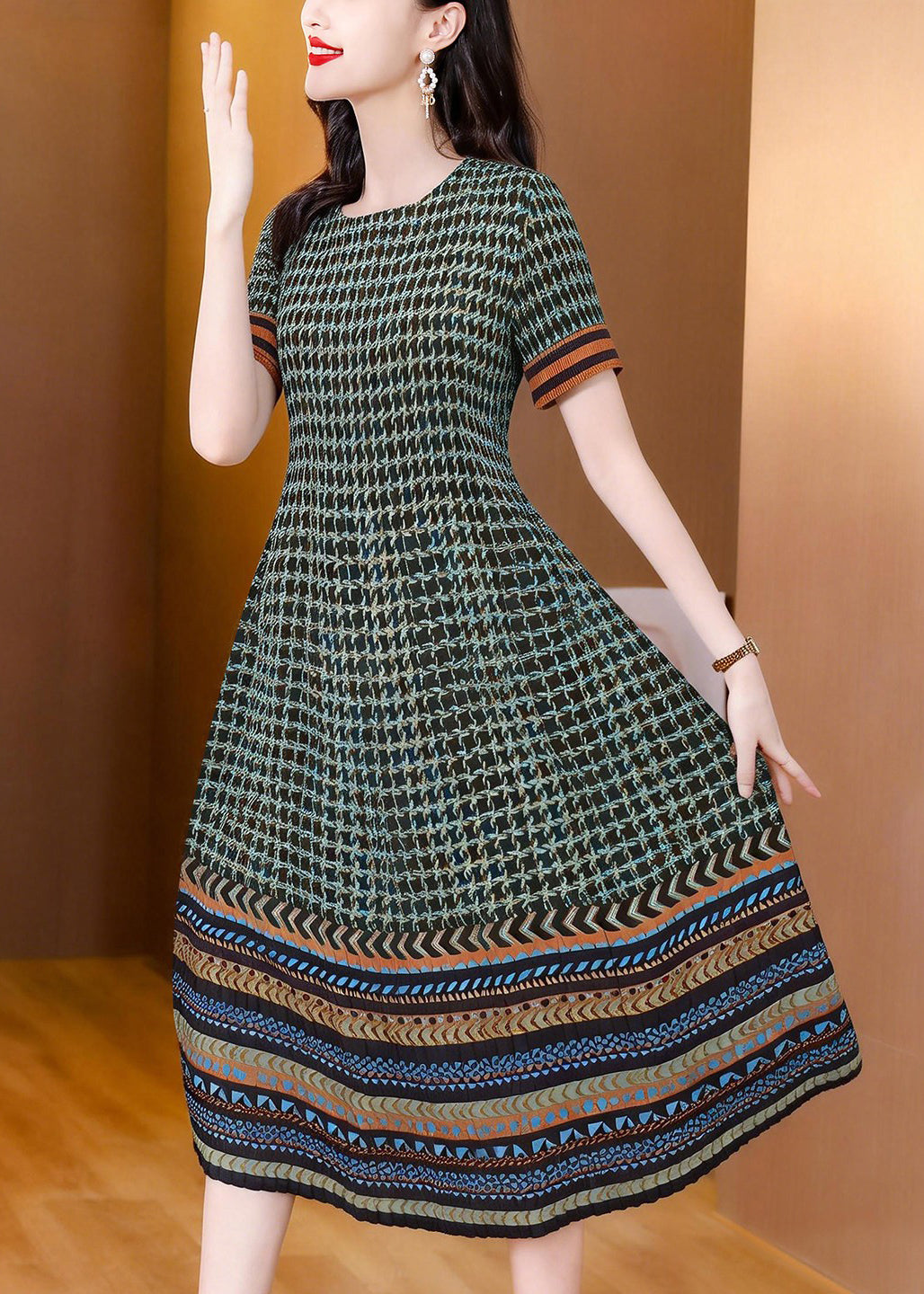 Robe Femme Froissée Imprimée Col Rond Été 3