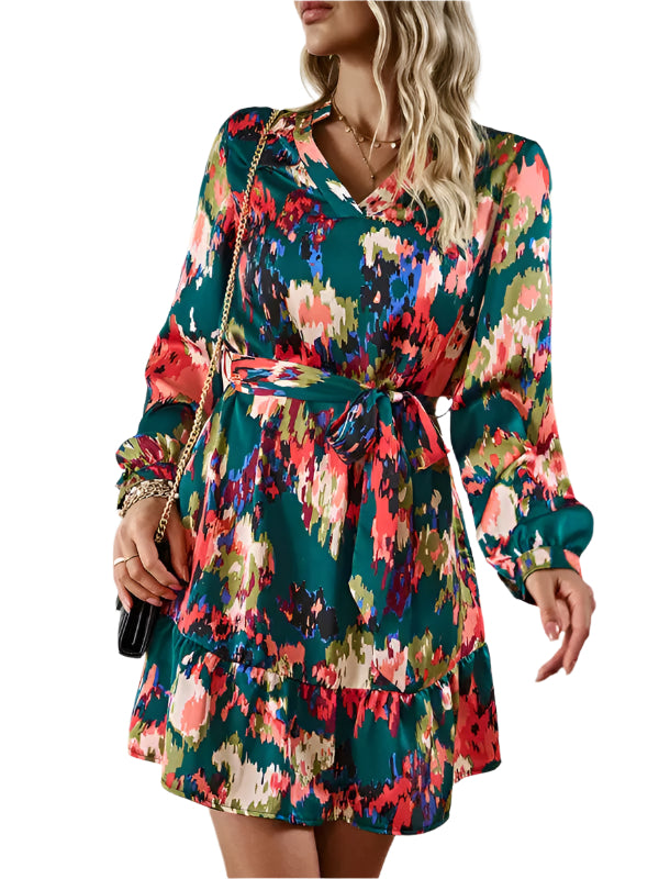 Robe Femme Imprimée Col en V avec Ceinture Tissé Polyester 0