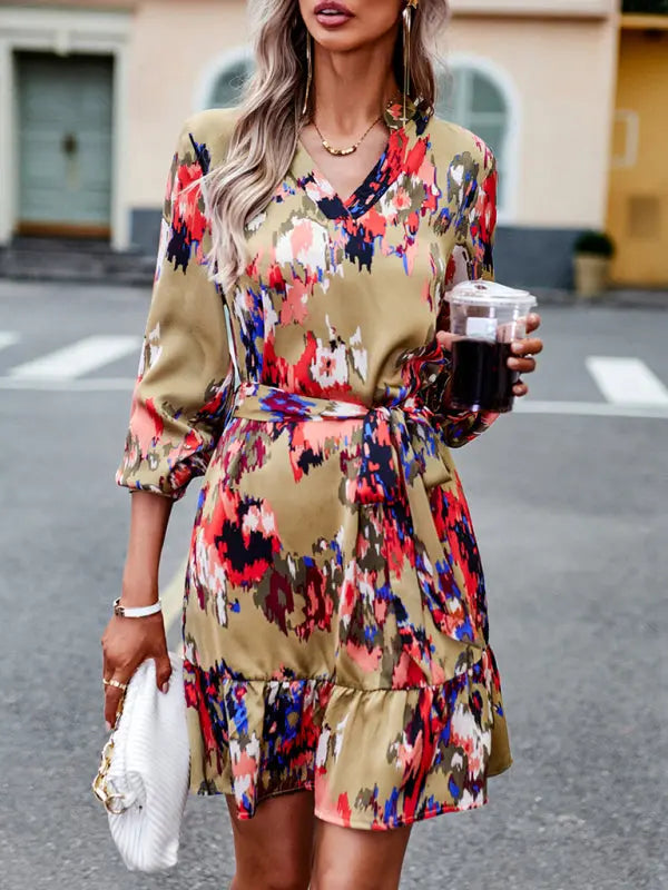 Robe Femme Imprimée Col en V avec Ceinture Tissé Polyester 1