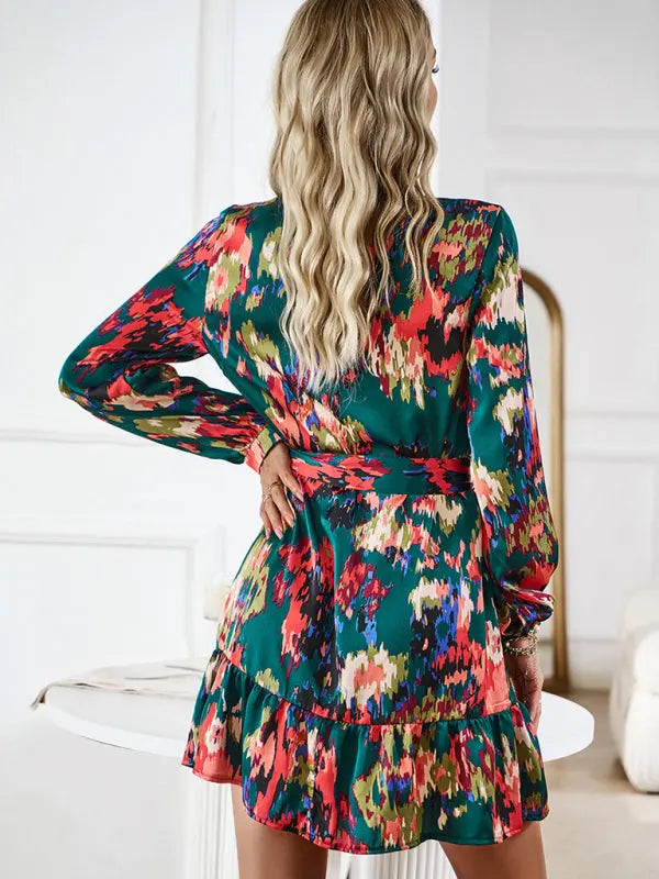 Robe Femme Imprimée Col en V avec Ceinture Tissé Polyester 8