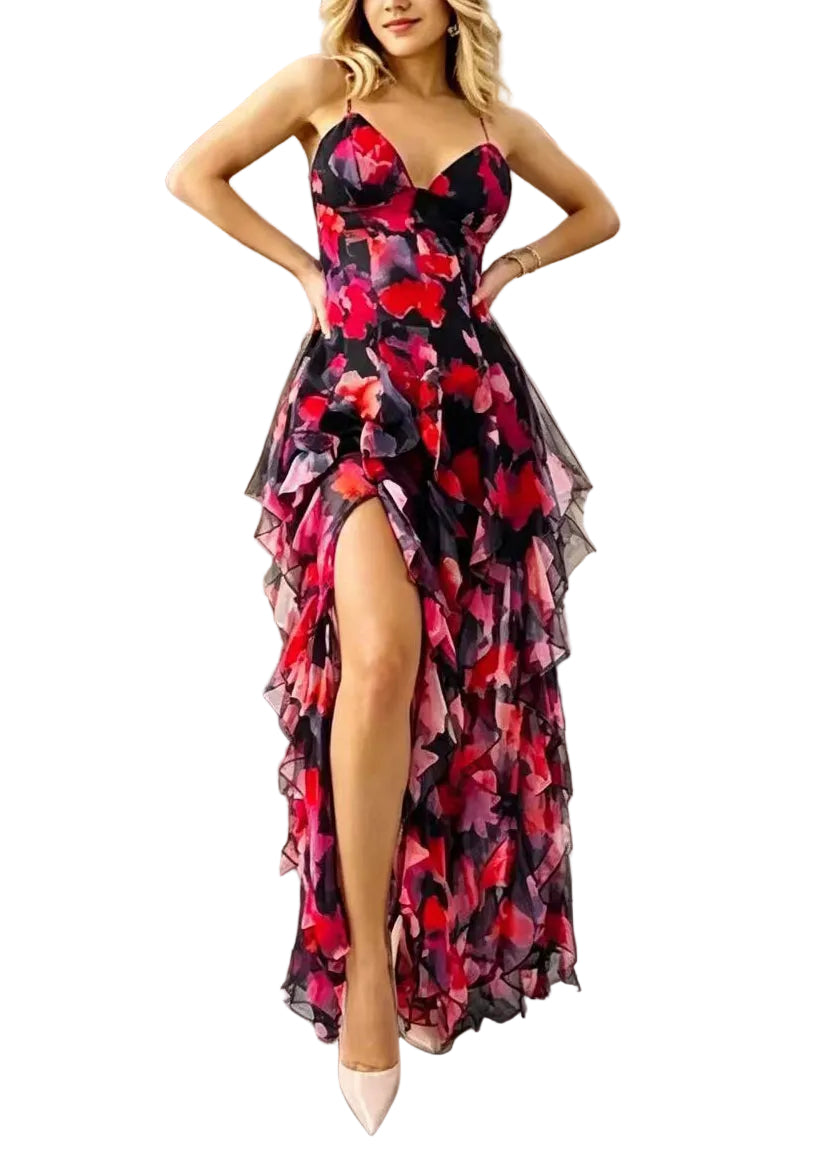Robe Femme Imprimée Volants Col V Sans Manches 0