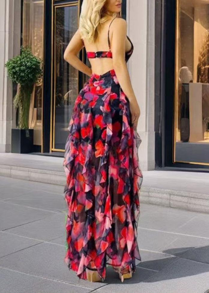 Robe Femme Imprimée Volants Col V Sans Manches 2