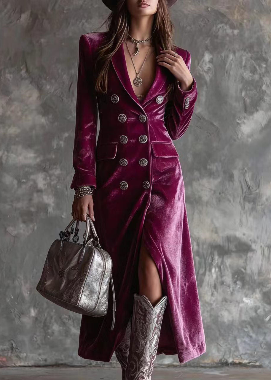 Robe Femme Longue Manches Longues Double Poitrine Crantée 1