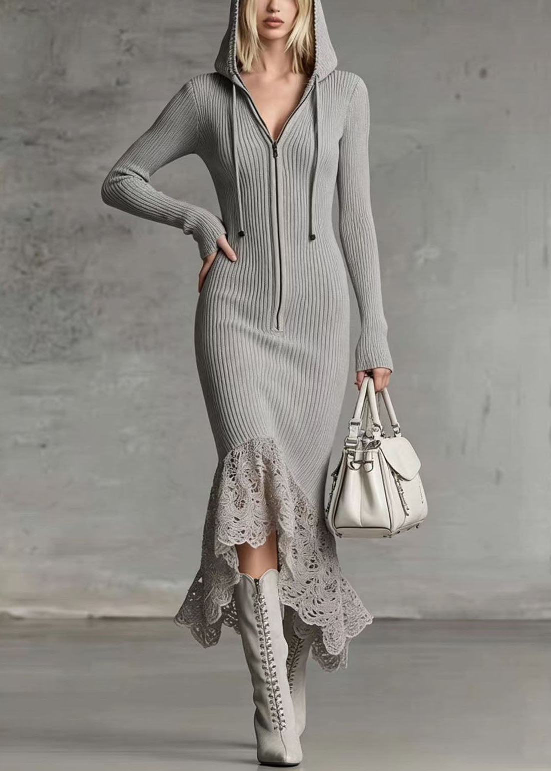 Robe Femme Longue à Capuche Patchwork Manches Longues 2