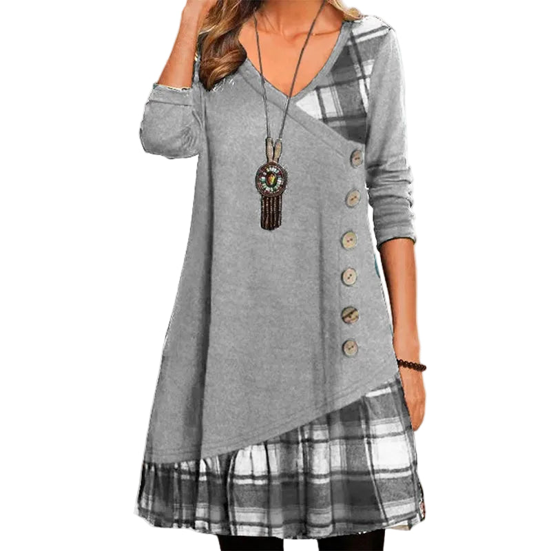 Robe Femme Longue à Motif à Carreaux Manches Longues 0