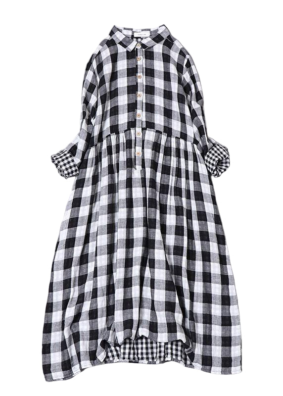 Robe Femme Longue à Poches Col Peter Pan Tartan Noir et Blanc 0
