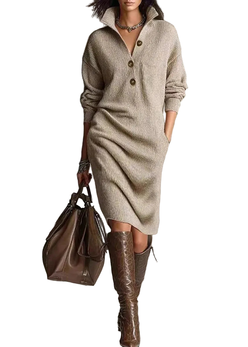 Robe Femme Maille Col Boutonné Manches Longues 0