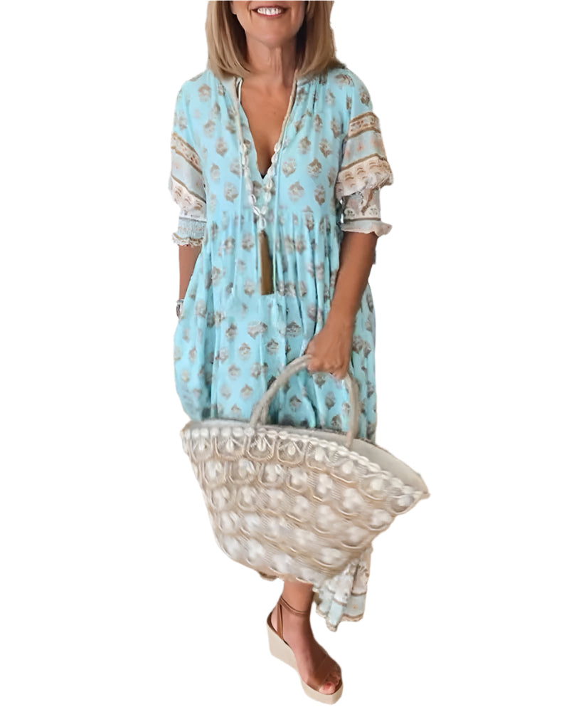 Robe Femme Mi-Longue Imprimée Décolleté en V Tissu Léger 0