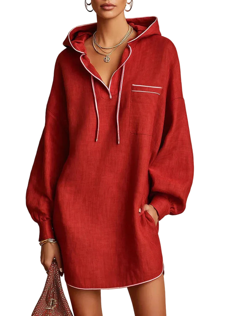Robe Femme Mini Bohème à Capuche avec Cordon de Serrage 0
