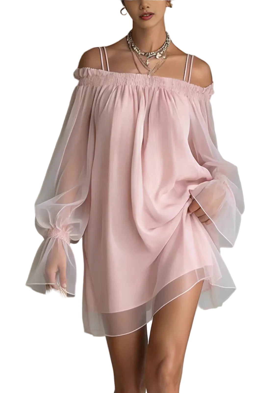 Robe Femme Patchwork Volants Épaules Dénudées Manches Longues 0