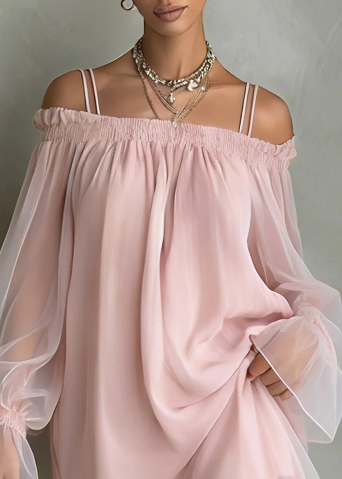 Robe Femme Patchwork Volants Épaules Dénudées Manches Longues 2