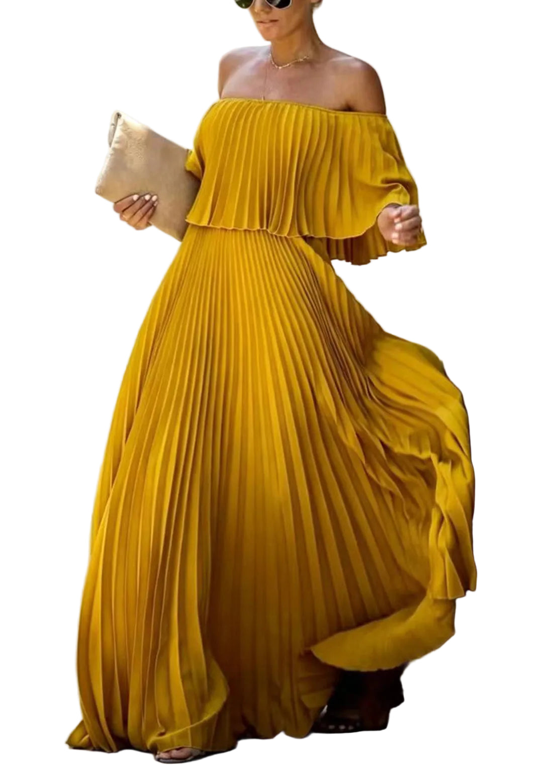Robe Femme Plissée Col Oblique Manches Papillon Longueur Cheville 0