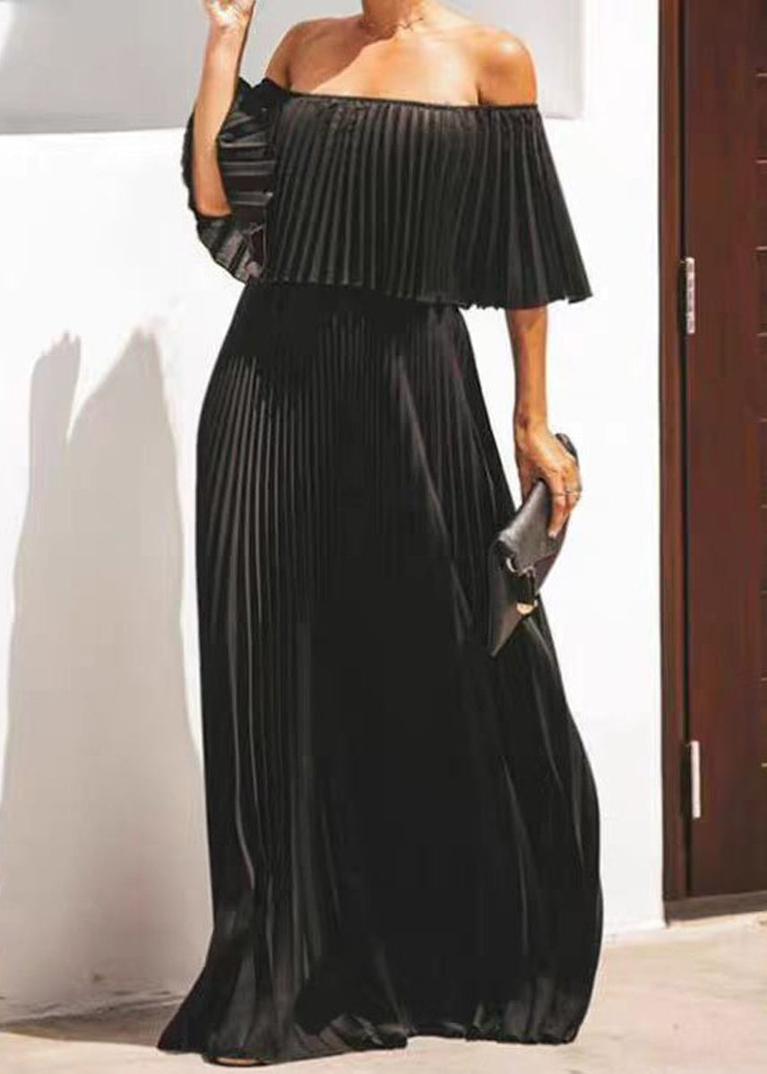 Robe Femme Plissée Col Oblique Manches Papillon Longueur Cheville 1
