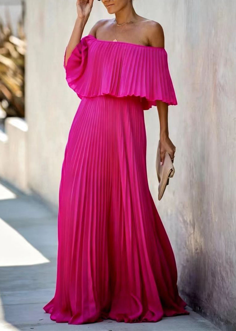 Robe Femme Plissée Col Oblique Manches Papillon Longueur Cheville 2