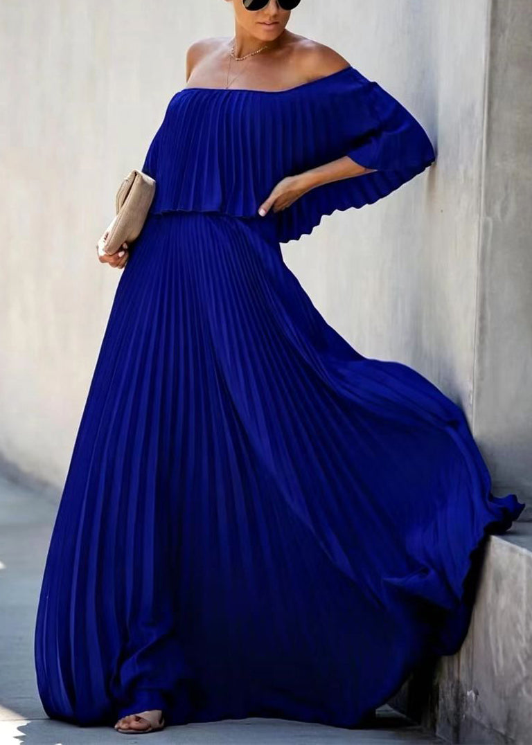 Robe Femme Plissée Col Oblique Manches Papillon Longueur Cheville 3