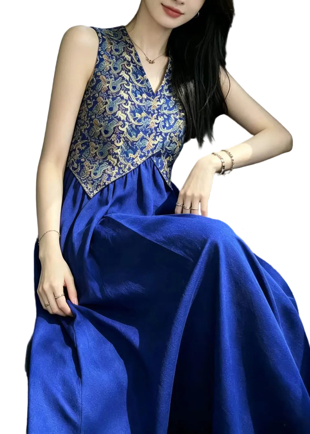 Robe Femme Sans Manches Patchwork Jacquard Col V 0