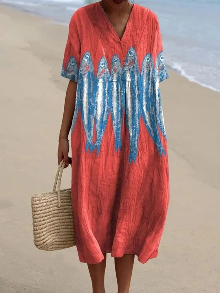 Robe Femme T-shirt Grande Taille à Manches Courtes Motif Océan Coton 12