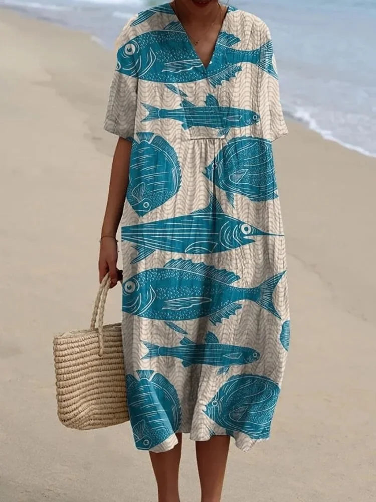 Robe Femme T-shirt Grande Taille à Manches Courtes Motif Océan Coton 16