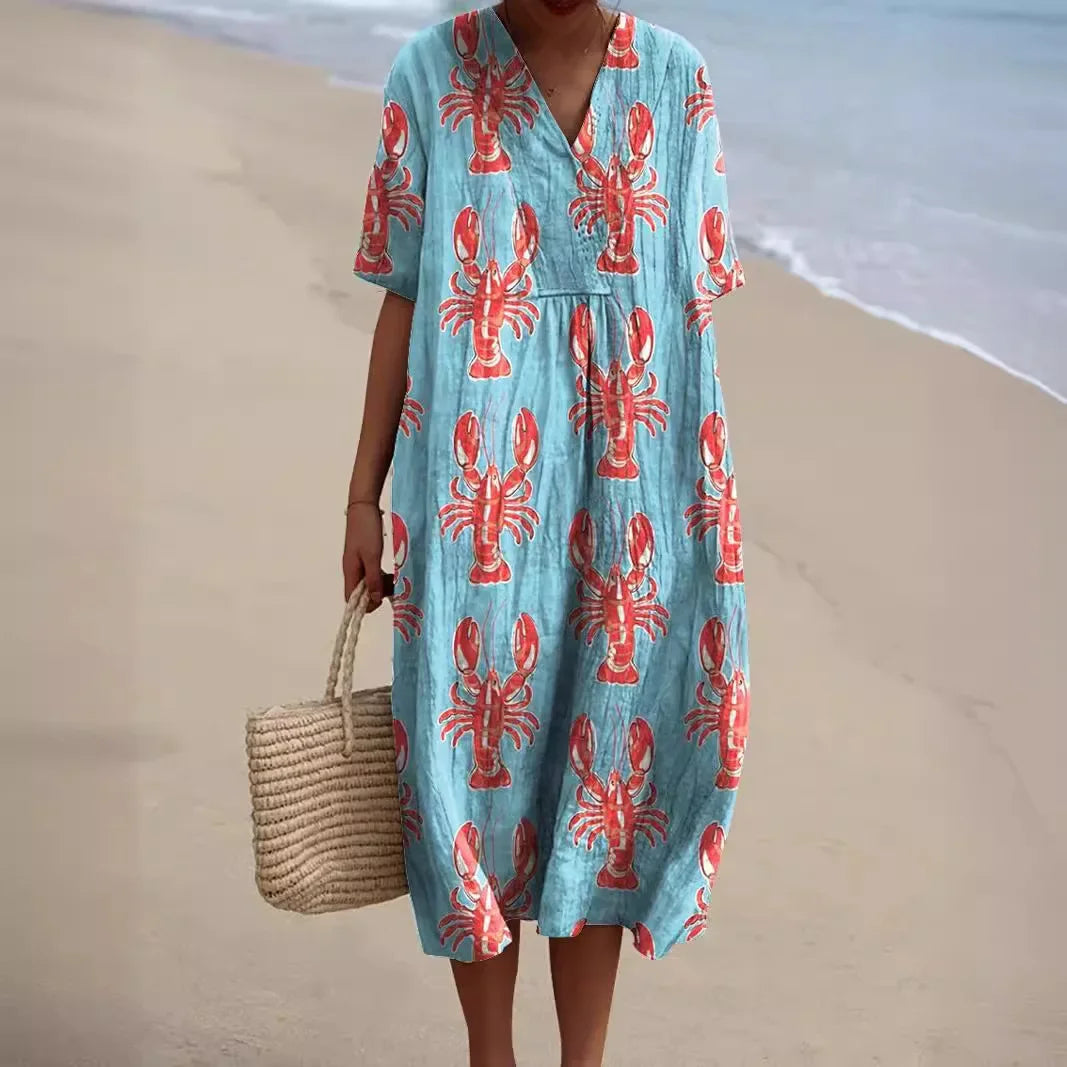 Robe Femme T-shirt Grande Taille à Manches Courtes Motif Océan Coton 1