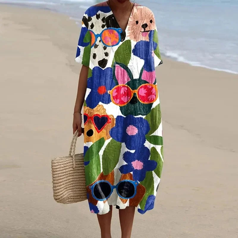 Robe Femme T-shirt Grande Taille à Manches Courtes Motif Océan Coton 21