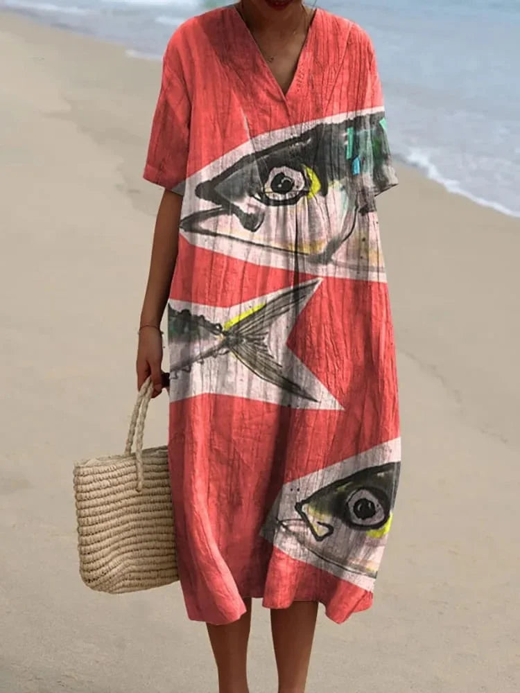 Robe Femme T-shirt Grande Taille à Manches Courtes Motif Océan Coton 25