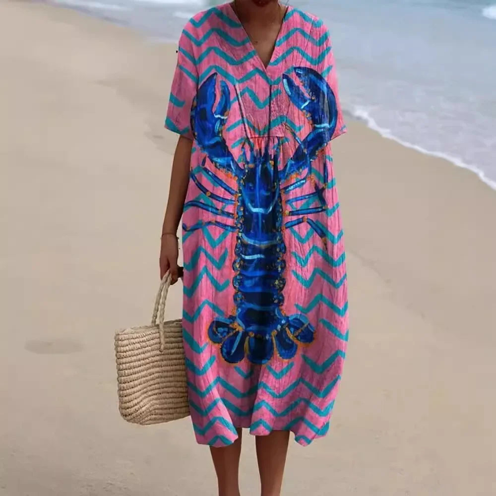 Robe Femme T-shirt Grande Taille à Manches Courtes Motif Océan Coton 4