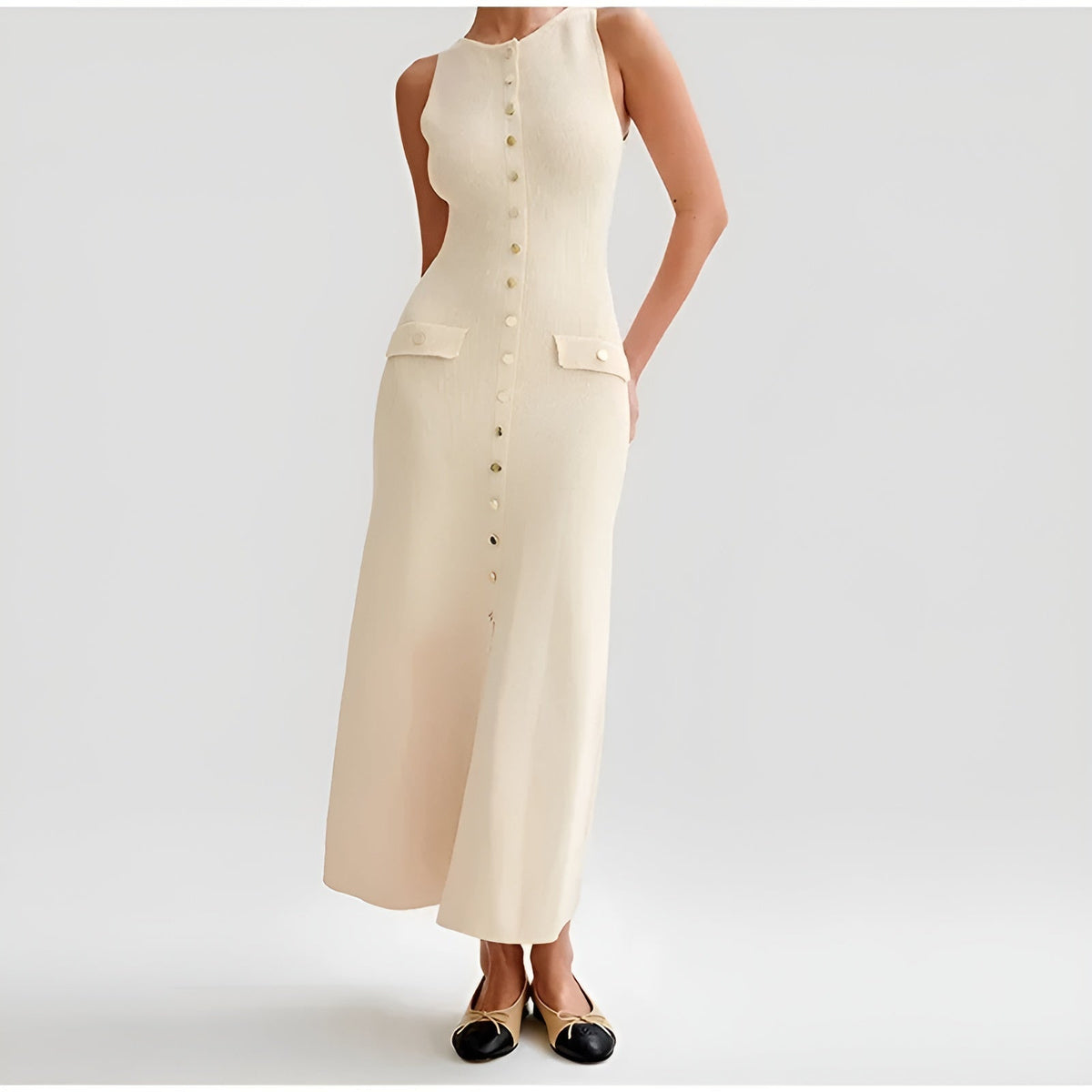 Robe Femme Trapèze Chic avec Boutons Dorés 0