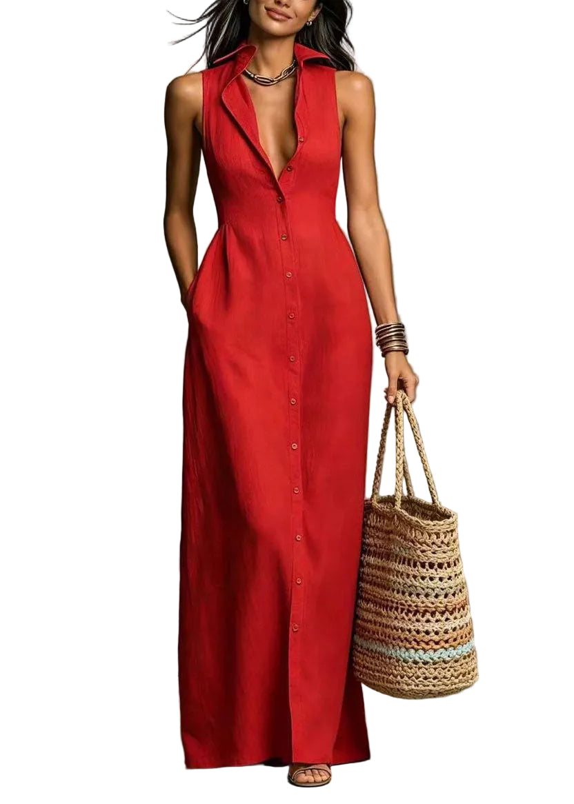 Robe Femme Vacances Col Claudine Boutonnage Simple Sans Manches 0