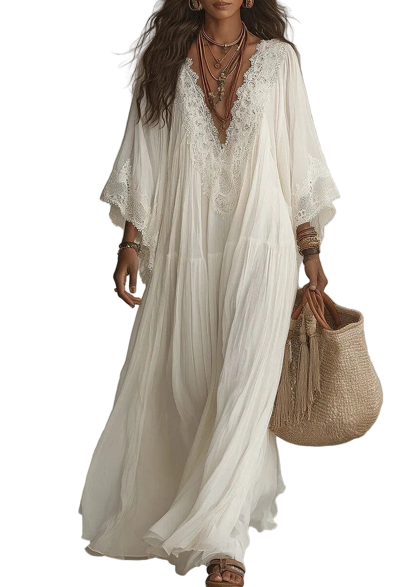 Robe Femme Vacances Col V Dentelle Patchwork Manches Bracelet 0