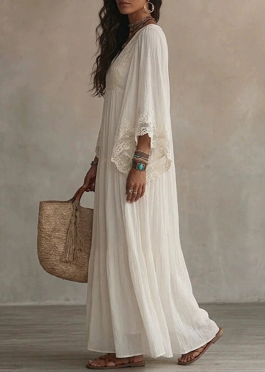 Robe Femme Vacances Col V Dentelle Patchwork Manches Bracelet 1