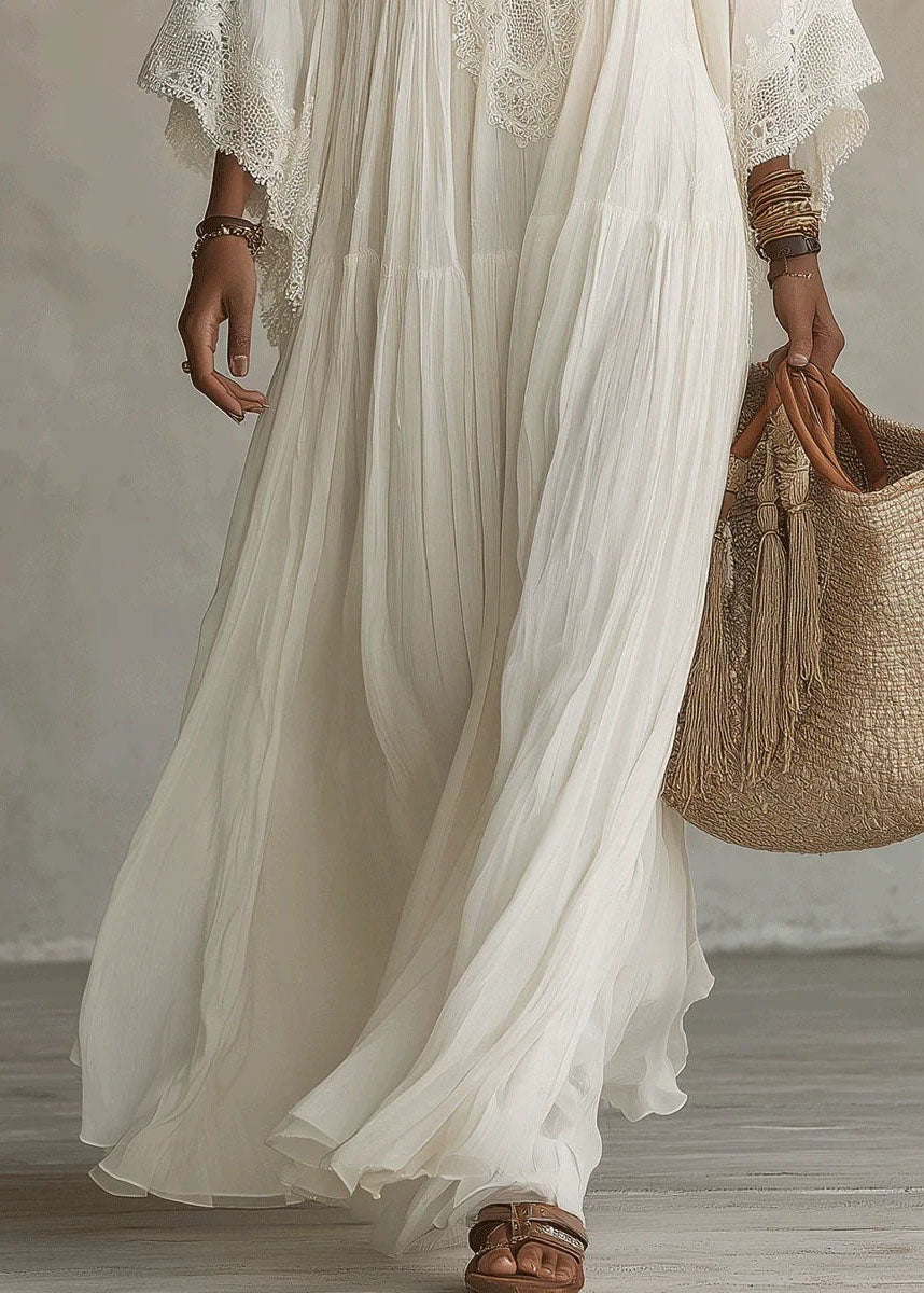 Robe Femme Vacances Col V Dentelle Patchwork Manches Bracelet 4