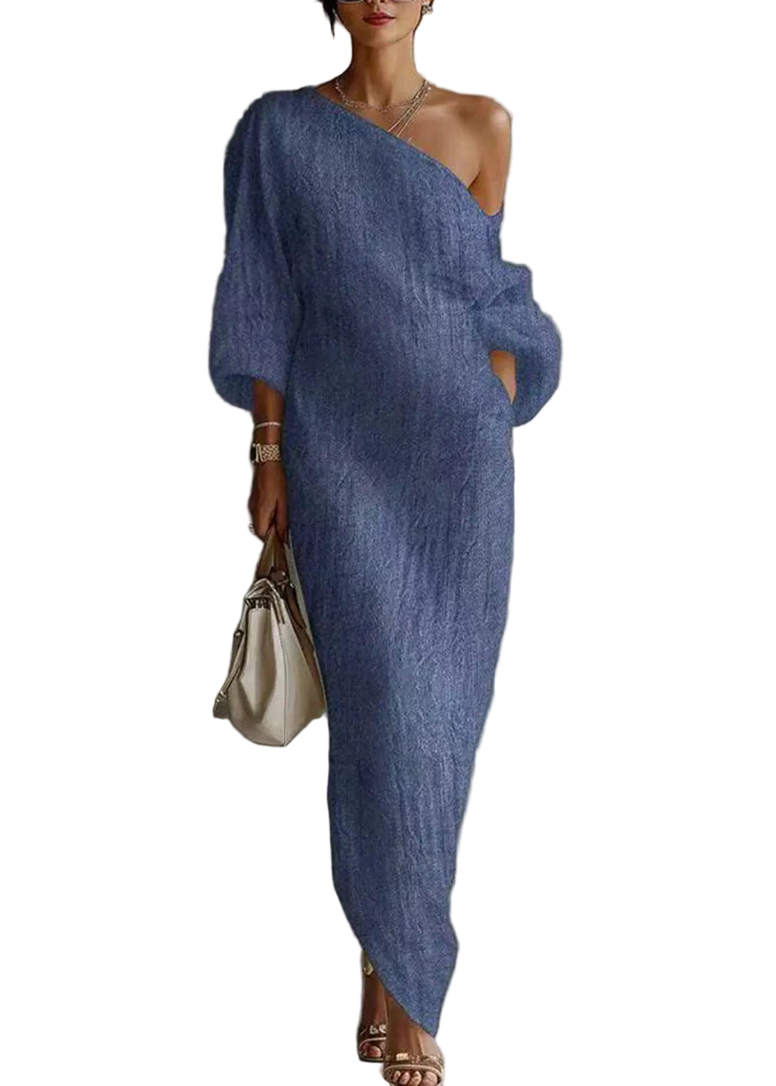 Robe Femme Vacances Une Épaule Manches Longues 0