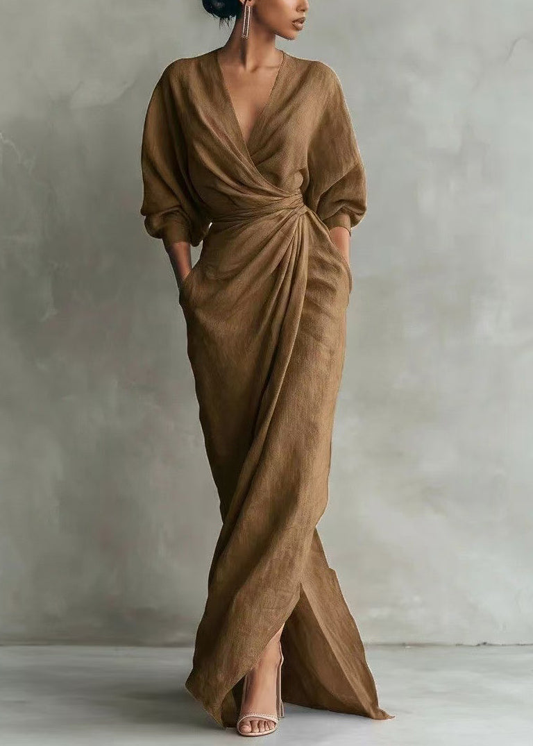 Robe Femme Vacances Vintage Col V Manches Longues 1