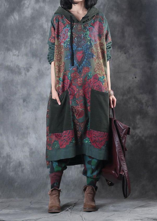 Robe Femme à Capuche Imprimée en Coton Vert, Mi-Mollet, Style Décontracté 1