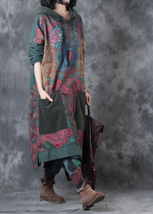 Robe Femme à Capuche Imprimée en Coton Vert, Mi-Mollet, Style Décontracté 3