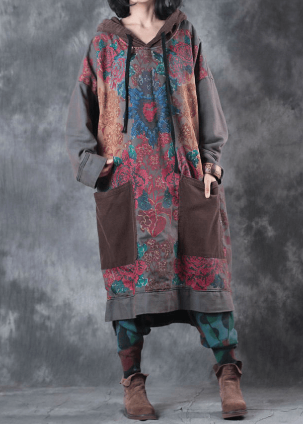 Robe Femme à Capuche Imprimée en Coton Vert, Mi-Mollet, Style Décontracté 4