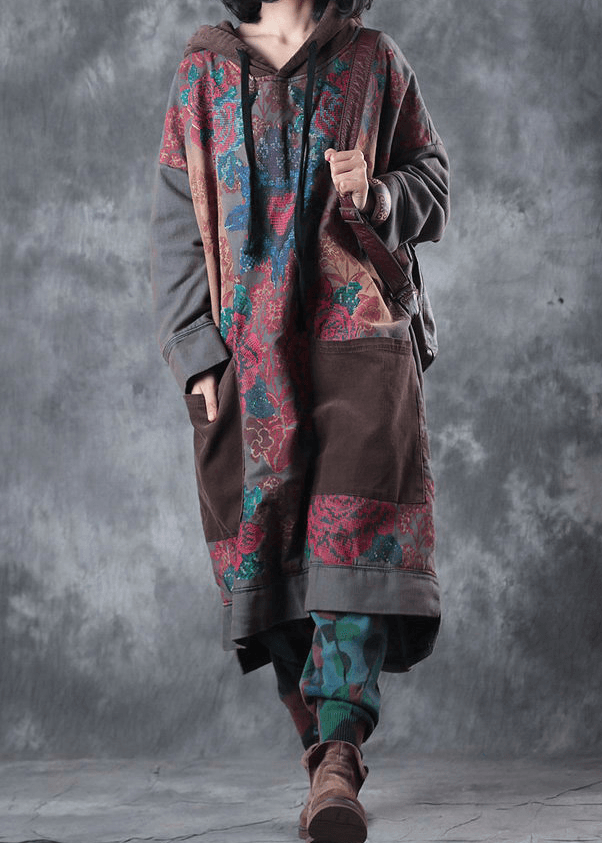 Robe Femme à Capuche Imprimée en Coton Vert, Mi-Mollet, Style Décontracté 5