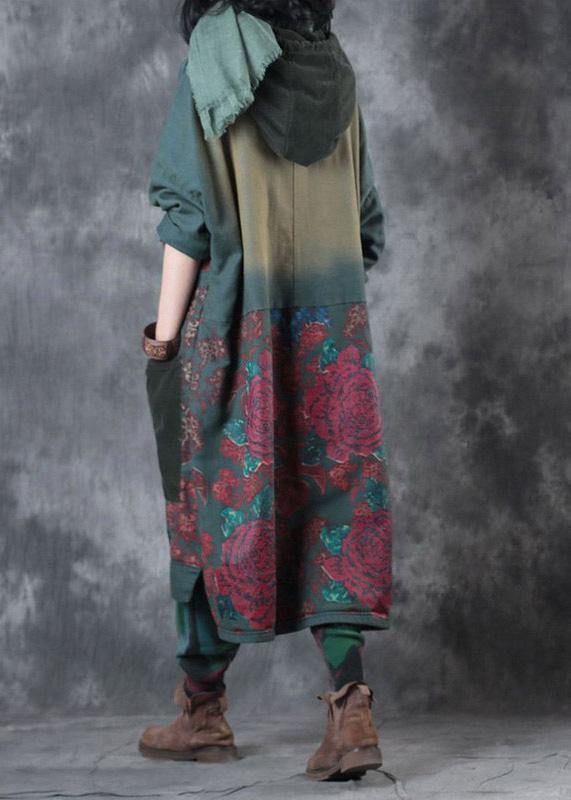 Robe Femme à Capuche Imprimée en Coton Vert, Mi-Mollet, Style Décontracté 6