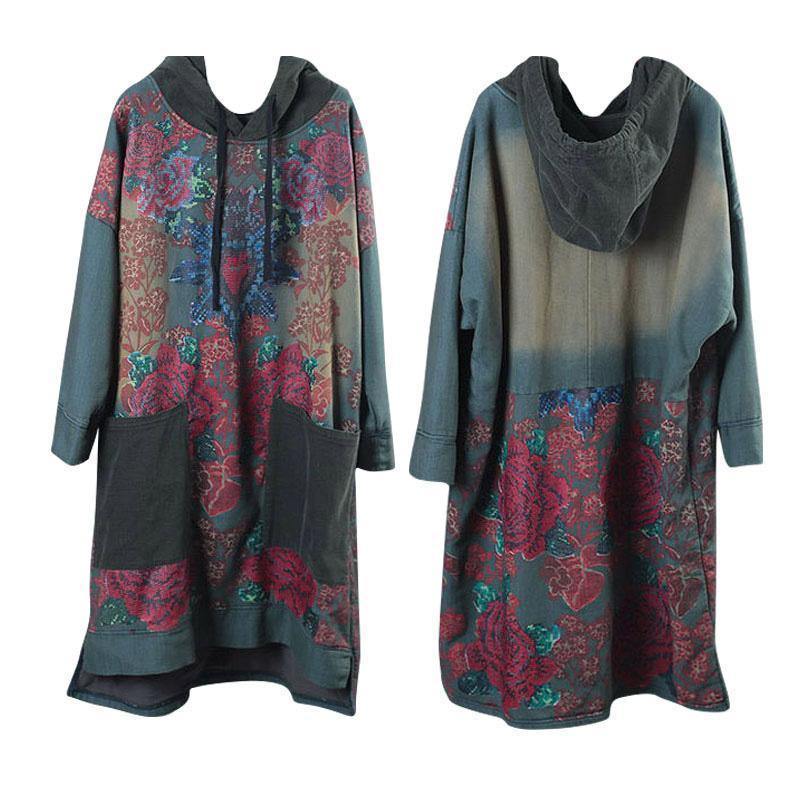 Robe Femme à Capuche Imprimée en Coton Vert, Mi-Mollet, Style Décontracté 7