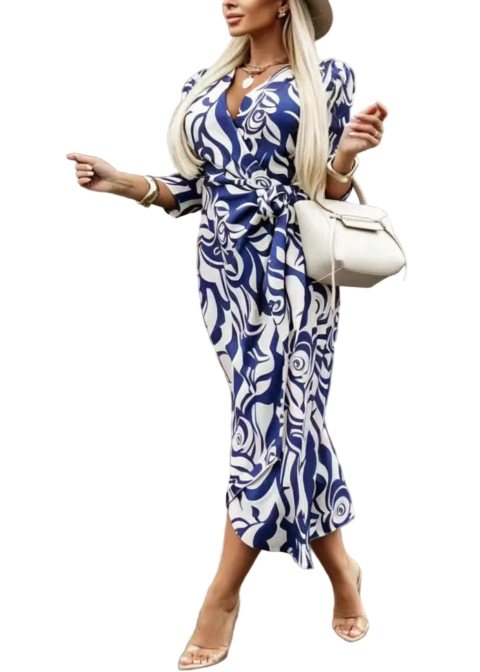 Robe Femme à Col V avec Taille Nouée et Manches Longues 0
