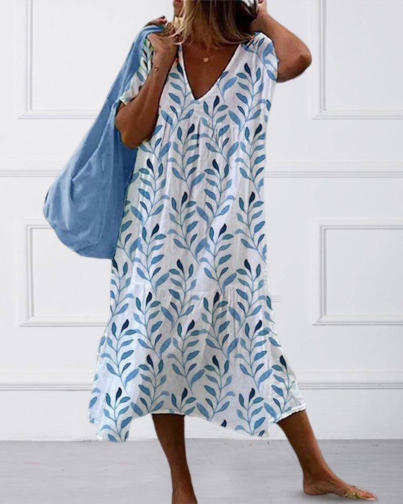 Robe Femme à V-Ausschnitt Imprimé Feuilles 3