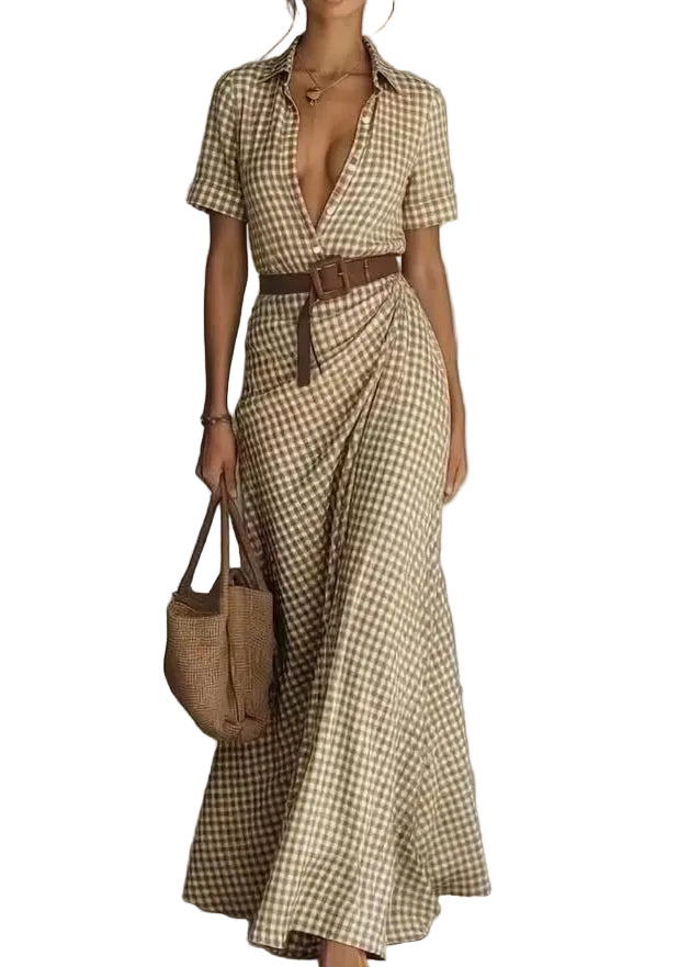 Robe Longue Femme À Carreaux Col Peter Pan Manches Courtes Été 0