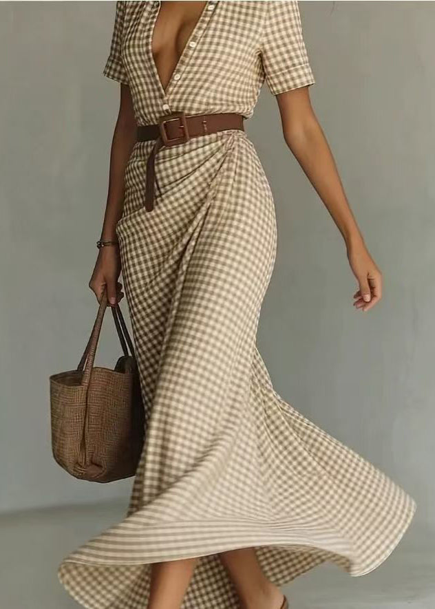 Robe Longue Femme À Carreaux Col Peter Pan Manches Courtes Été 3