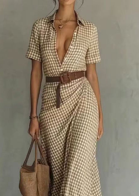 Robe Longue Femme À Carreaux Col Peter Pan Manches Courtes Été 4