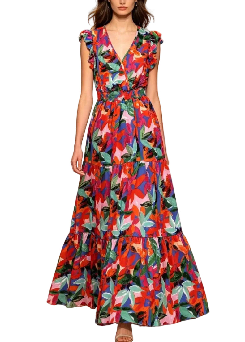Robe Longue Femme À Volants Patchwork Sans Manches 0
