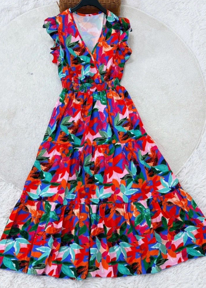 Robe Longue Femme À Volants Patchwork Sans Manches 1